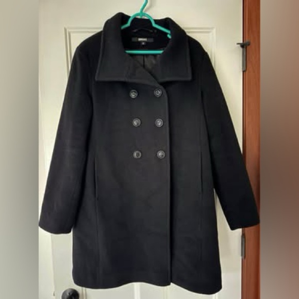 Donna Karan New York black wool cashmere trench coat women’s size 12 DKNY double